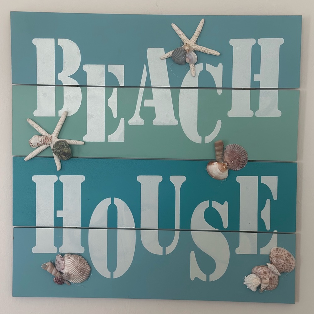 Coastal Beach House Wall Decor in Blue and White. Embellished with Sea Shells.